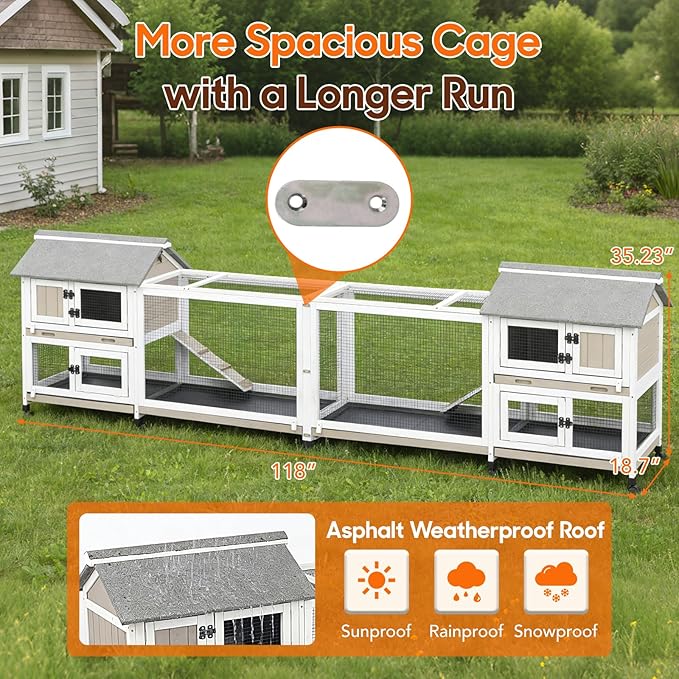 59 in Rabbit Hutch Indoor Bunny Cage, with 3 Leak-Proof Removable Trays, Expandable 2-Story Wooden Waterproof Roof Bunny House Outdoor Chicken Coop