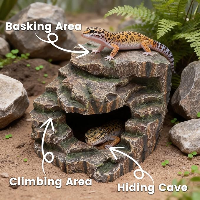 Resin Reptile Cave Hideout, Rock-Style Basking Platform, Aquarium and Terrarium Decor, Ideal for Reptiles, Amphibians and Fish