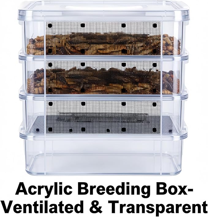 Mealworm Breeding Kit - 4 Layer High Capacity Mealworm Breeding Container, to Breed Live Mealworms, Reptiles, Lizards, Frogs,Tortoises, Includes Tweezers & Cleaning kit (10.6x7.1x10 in)