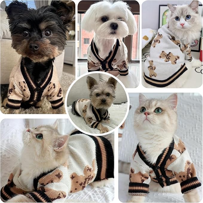 ABRRLO Small Dog Sweaters Cute Bear Dog Cardigans Clothes for Small Medium Dogs Boy Girl Puppy Cat Knitting Cardigan Outfits Dogs Autumn Coats Warm Pet Doggy Clothes Soft Knitwear Apparel (Beige,L)