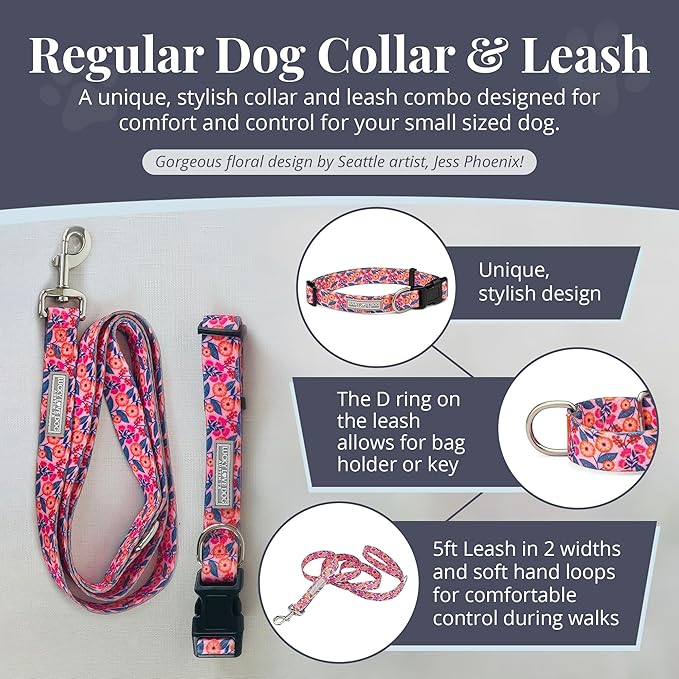 Lucky Love Dog - Easy Click Buckle Dog Collar with Leash Set Combo, Durable & Comfortable for Male & Female Dogs, Pet Collar for Small Dogs, Secure Fit - Floral Rosie Combo, Small