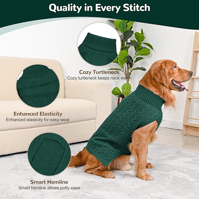 2 Pack Dog Sweaters for Large Dogs Winter Turtleneck Pullover Cable Knit Fleece Stretch Pitbull Labrador Golden Retriever Doberman Bulldog Boy Girl Pet Clothes (XL, Green & Brown)