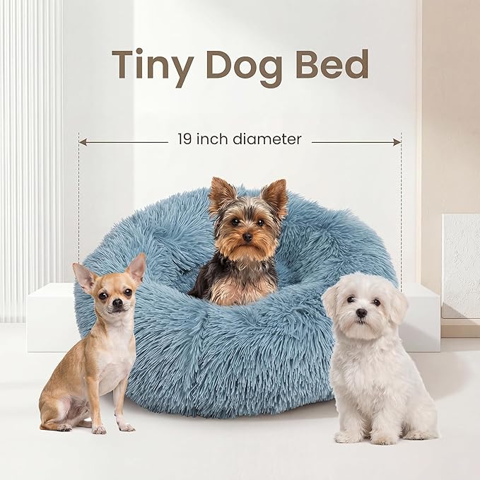 Extra Small Dog Bed 19 Inch,Calming Donut Puppy Bed,Ultra Soft Faux Fur Round Dog Bed for Chihuahua Yorkie Maltese Pomeranian,Blue