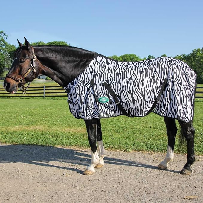 Country Pride Zebra Print Soft Mesh Fly Sheet for Horses, Summer Insect Protection, Adjustable Double Buckle Front, Shoulder Gussets, Removable Leg Straps, Breathable Mesh Horse Blanket (82 in)