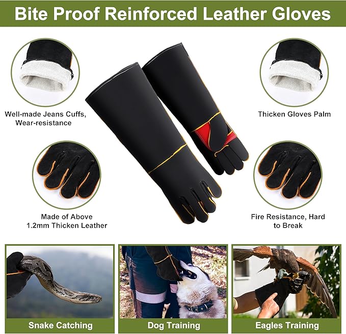 Qualirey Snake Grabber Tool Set, 50" Foldable Snake Tongs and 16"-24" Extendable Catcher Net with Handling Gloves, Professional Reptile Heavy Duty Catcher Wide Jaw Handling Tool