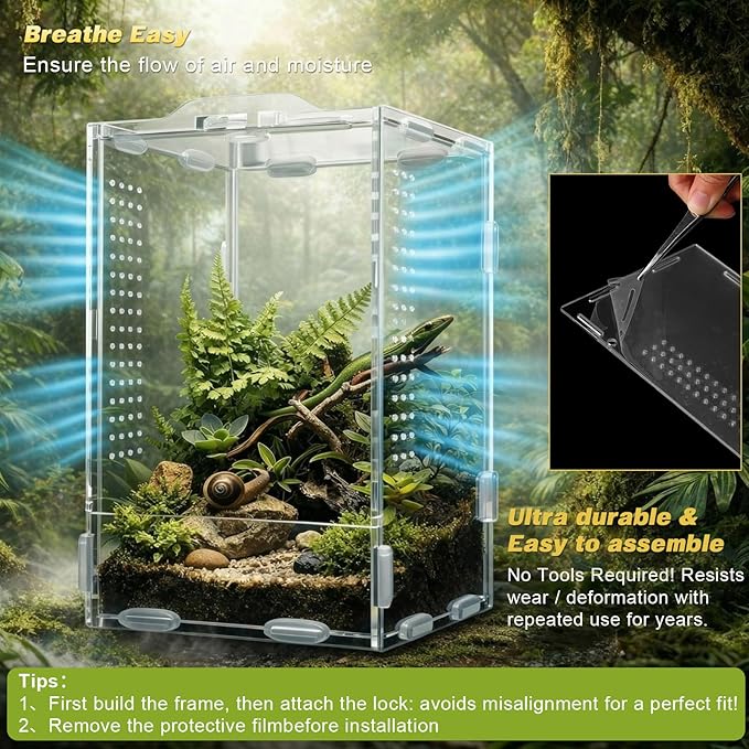 2 Pack Jumping Spider Enclosure Kit Acrylic Reptile Terrariums with Locking Latch, All Side Ventilation, Praying Mantis Habitat, Frog Bug Enclosure, 4.3x4.7x7.87 Inch with Feeding Monitoring Tool