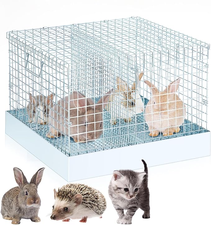 DoubleFill 2 Hole Folding Rabbit Transport Cage, Portable Bunny Carrier with Tray and Handles for Travel or Temporary Housing, Indoor Outdoor Pet Habitat Animal Enclosure(16 x 14 x 12 in)
