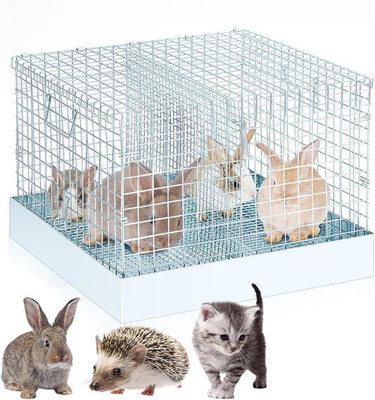 DoubleFill 2 Hole Folding Rabbit Transport Cage, Portable Bunny Carrier with Tray and Handles for Travel or Temporary Housing, Indoor Outdoor Pet Habitat Animal Enclosure(16 x 14 x 12 in)