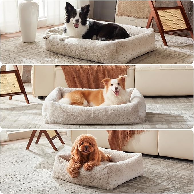 JOEJOY Dog Bed Medium Size Dog, Removable Washable Cover Orthopedic Soft Pet Bed, Anti-Slip Fluffy Plush Faux Rabbit Fur Puppy Bed, 30"x24"x8", Leopard Print, Beige