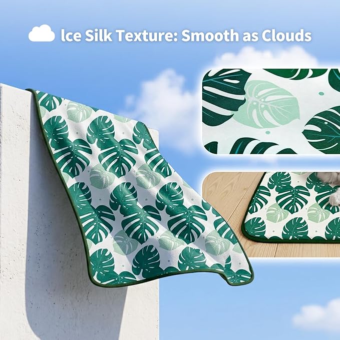 NWK Pack of 4 Pet Cooling Mat -Q-Max>0.345 Ice Silk Cooling Mat for Dogs & Cats Portable & Washable Pet Cooling Blanket, Car Seats, Beds for Summer (4pcs, Green Leaf, 27'' X 20'' X 0.3'')