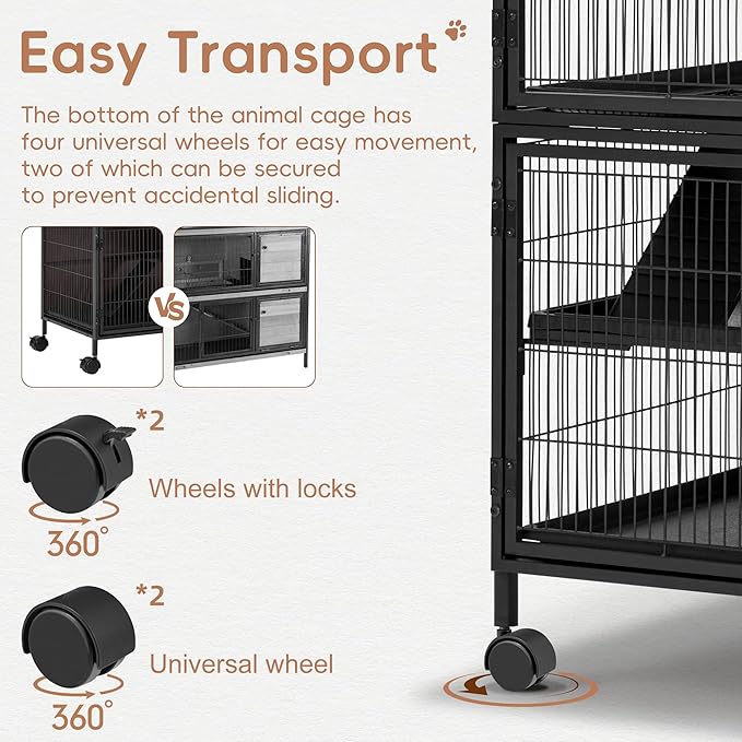 HABUTWAY 50''H Metal Large Ferret Cage, Rolling Chinchilla Cage with Removable Ramps& Double Door, with Locker, Small Animal Cage Indoor Wooden Pet Crate Furniture