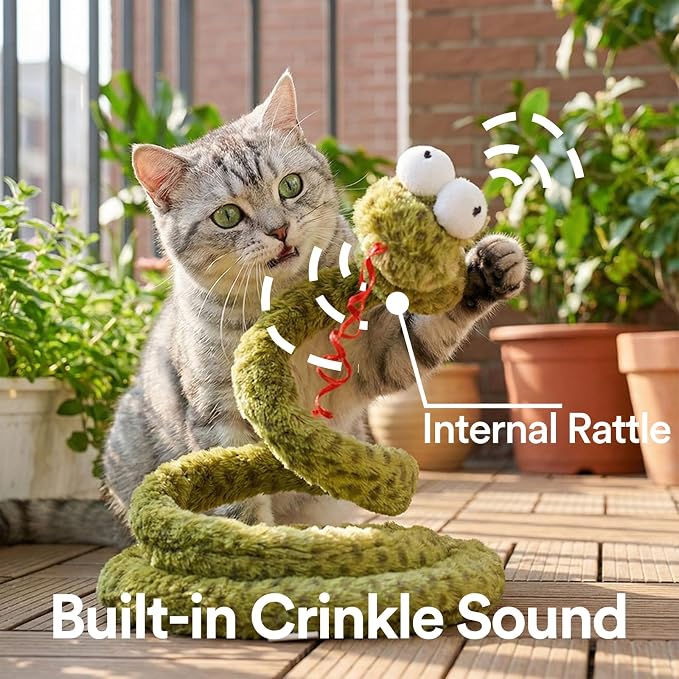 ZEZE Forest Snake Spring Interactive Cat Toy with Scratch Base, Bouncy Spiral Plush Teaser with Crinkle Sound & Ribbon, Self-Play Boredom Relief for Indoor Cats - Image 2