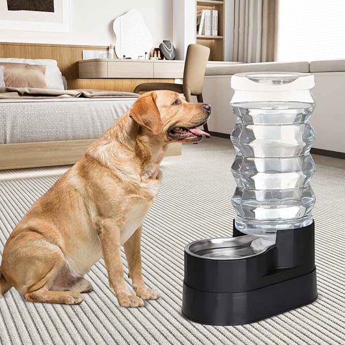 RIZZARI Automatic Dog Water Dispenser: Ion Exchange System with Activated Carbon-Removes Odors-Supports Elderly Dogs’ Spine Health -Spill-Resistant 9L Black Gravity-2 Extra Filters & 2 Bottle Caps