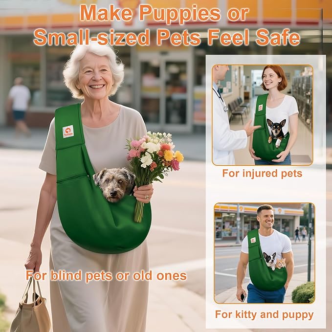 Tomkas Small Dog Sling Carrier - Zipper Pocket & Adjustable Strap & Zip Pocket - for 3-10 lbs Pets (Emerald Green, M - Zipper Pocket & Adjustable Strap)