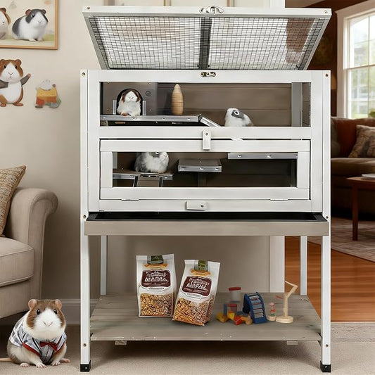 Ketive Wooden Hamster Cage Indoor with Stand and Storage Shelf, 3-Tier Small Animal Habitat with Clear Front Window, Openable Top, Anti-Chew Ramps, Hideout House, Deep Pull-Out Tray Guinea Pig cage