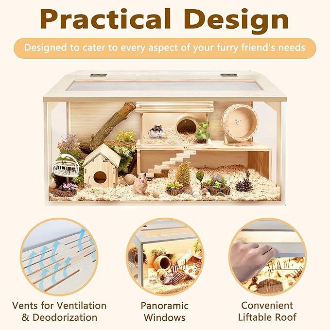 PROLEE Hamster Cage with Chewproof Wood Top, Guinea Pig Cages, Hamster Habitat with Clear Acrylic Sheets Solid Built, Small Animal Cage (Oak, 40X19.5X19.5 inch)