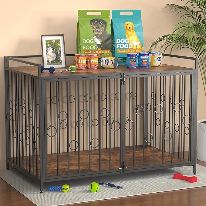 48 Inch XL Dog Crate Furniture for Extra Large Dogs, Heavy Duty Wooden Dog Kennel Table with Storage Shelf, Unique Modern Round Decorative Pet Crate End Table, Sturdy Indoor Dog House