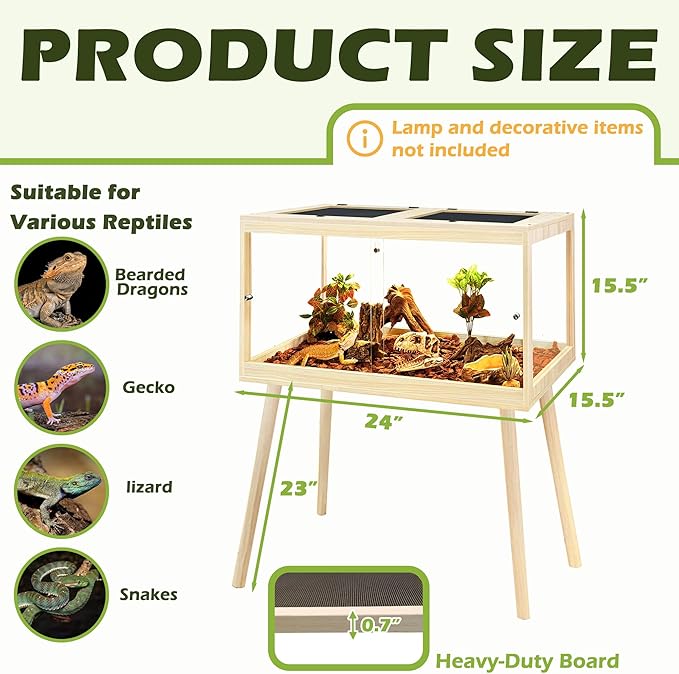 PROLEE Bearded Dragon Tank with Leg, 30 Gallon Tempered Glass Lizard Tank, Reptile Enclosure with Metal Mesh and Lockable Door, Reptile Tank for Snakes,Chameleon (Oak, 24x15.5x15.5 Inch)