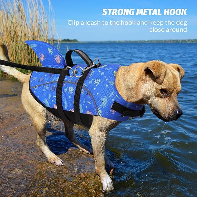 Queenmore XS Small Dog Shark Life Jacket, BluePrints, Polyester, Neoprene, Adjustable, Reflective, Summer, Swimming, Pool, Lake, Boat, Fishing Boat