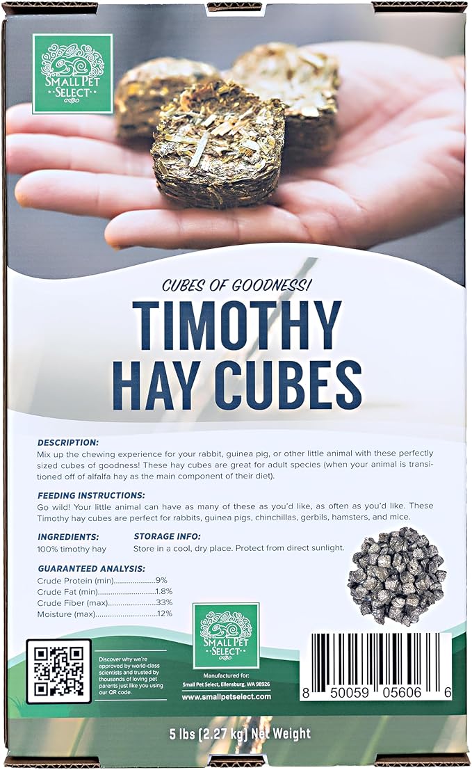 Small Pet Select - Straight Timothy Hay Cubes - 100% All Natural Timothy Hay, Not Blended - Delivered Fresh, Guarantee, (5 lb)