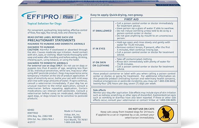 EFFIPRO PLUS Topical Solution for Dogs - Waterproof Dog Flea and Tick Treatment for Medium Dogs (23-44.9lbs) 3 Doses by Virbac