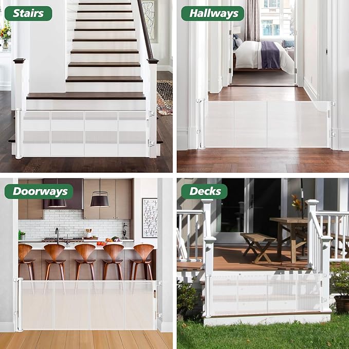 24" Tall X 120" Extra Wide Retractable Baby Gates, Short Dog Gates to Step Over, Reinforced Long Mesh Pet Gate with Support Rods, Small Puppy Gates for The House, White