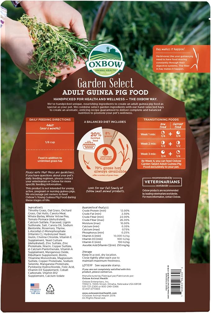 Oxbow Garden Select Guinea Pig Food, Adult, Made with Oxbow Timothy Hay for Guinea Pig, Pet Food Pellets with Vitamin C, Non-GMO, Small Animal Pet Products, Made in USA, High Fiber, 8 lb. Bag