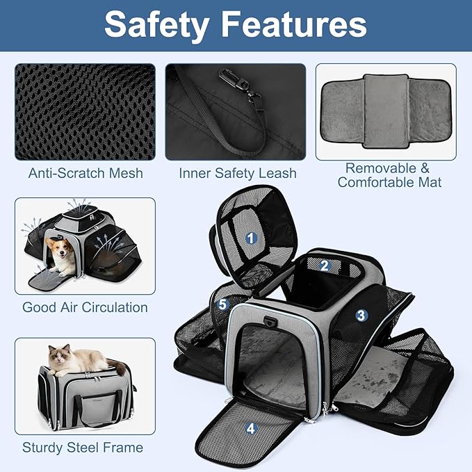 Airline Approved Pet Carrier with Wheels, Top & Side Expandable Soft-Sided Bag, 18x11x11 inches Fits Under Seat for Small Dogs Cats, Double-Sided Mat & ID Card for Travel Vet Visits Camping