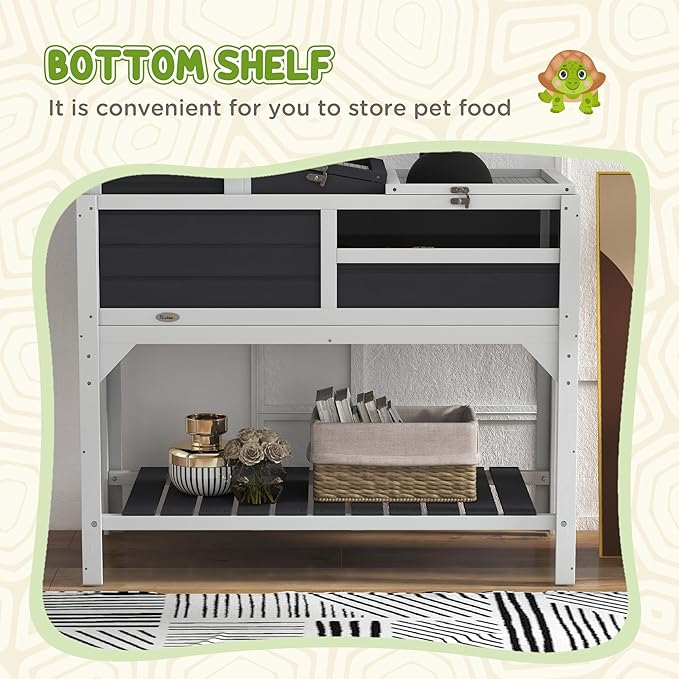 PawHut Tortoise Habitat with Adjustable Lamp Holder, 2 Layer Tortoise Enclosure with Storage Shelf, Removable Main House, Fixed Tray, Openable Lid, Gray