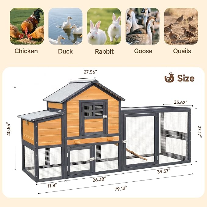 Large Chicken Coop Outdoor Durable Duck House Poultry Pet Hutch & 2 Wood Eggs Run Cage Nesting Box Waterproof Asphalt Roof Ramp Removable Tray Wire Fence for Backyard Small Animal 79" Orange