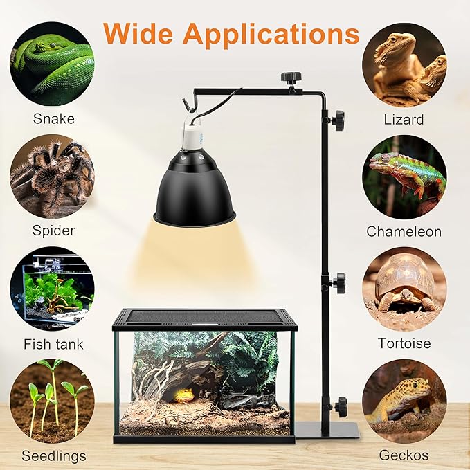 Simple Deluxe Height Adjustable Reptile Lamp Stand Metal Floor Light Holder Basking Lamp Support Bracket, for Terrarium Heating Light and Dome lampshade, Large,Black