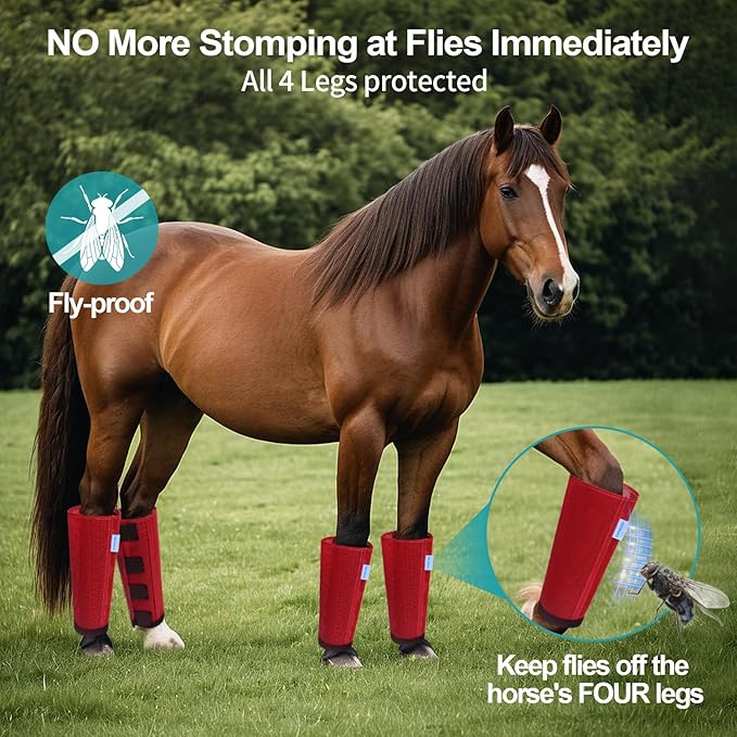 Mesh Horse Fly Boots Set of 4, Loose Fitting Leggings for Horses, Reduce Stressful Stomping, Breathable Adjustable and Universal Fit for 4 Legs, Reliable Stay Put (Red)