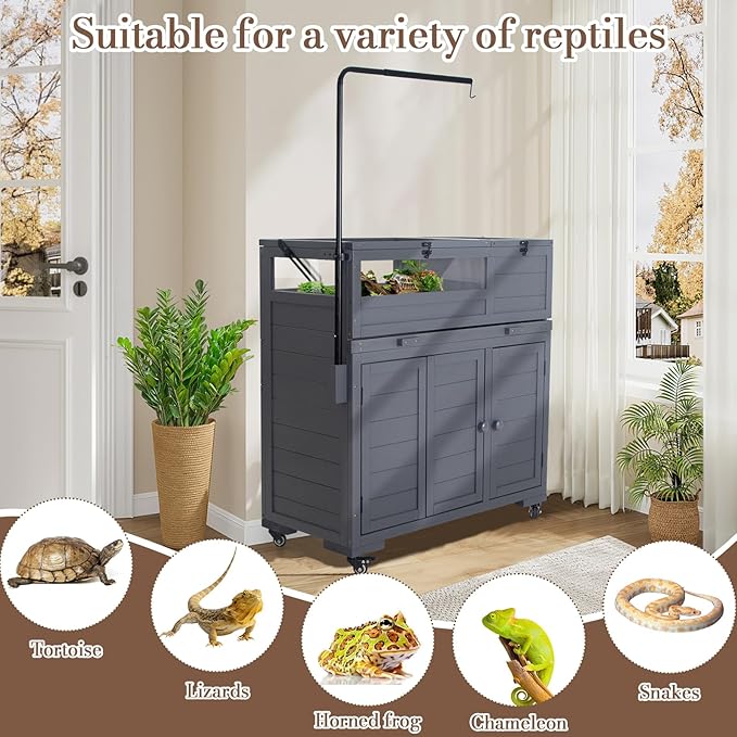 Agitree Premium Reptile Habitat Enclosure for Tortoises, Lizards, and Snakes - Adjustable Lighting, 360° Wheels, Easy-Clean Design, and Secure Ventilation- (Dark Gray)