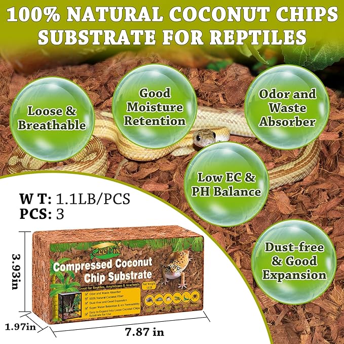 ZeeDix 3 Pack Coconut Husk for Reptiles, Organic Coconut Fiber Reptile Terrarium Substrate, Coco Husk Chips Reptile Bedding for Snakes, Tortoises, Ball Python, Geckos, Lizards, Hermit Crab, Tarantula