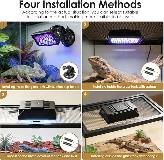 Adjustable LED Reptile UVB Light: Multi-Level UVB Control + Timer, No Fixed Weak Output. Secure Suction Cup Mount, Universal for Lizards, Turtles, Snakes, Amphibians