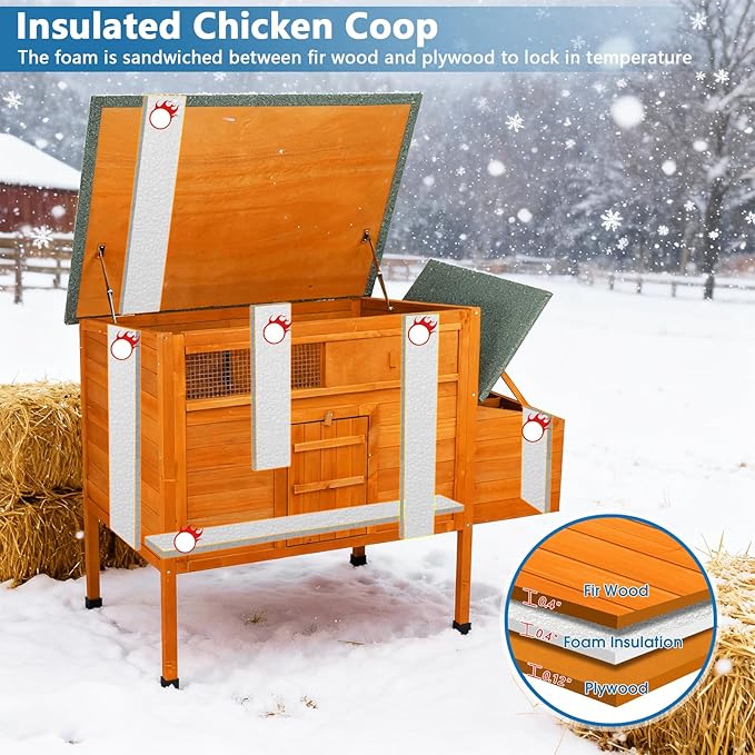FunXplore Outdoor Insulated Chicken Coop Weatherproof Wooden Hen House Small Animal Pet Hutch with Elevated Legs Asphalt Roof Removable PVC Layer Nest Box