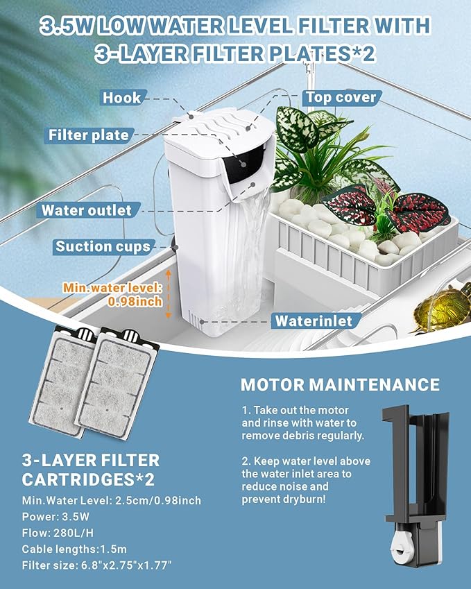 GOZILLA Small Turtle Tank Kit(Tank+Lamp+Filter), Acrylic Turtle Starter Kit with Adjustable Lamp, Reptile Habitat and Terrarium with Multi-Functional Areas for Small Reptiles. (White Kit)