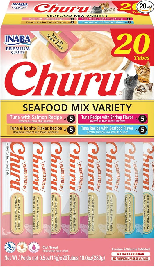 INABA Churu Cat Treats, Lickable, Squeezable Creamy Pur??e Cat Treat with Green Tea Extract & Taurine, 0.5 Ounces Each Tube, 20 Tubes, Seafood Variety Box by INABA