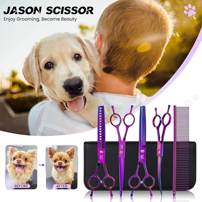 JASON Dog Grooming Scissors Kit, Professional 7 in 1 Dog Scissors Sharp Shears Set - Straight, Thinning, Chunker, Curved Shears and Comb for Long Short Hair for Dog Cat Pet Christmas Gift