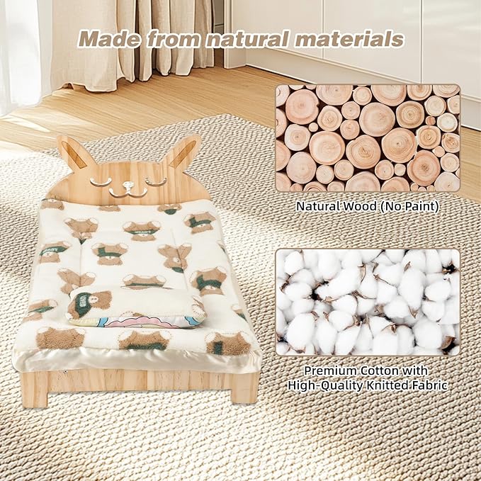 Upgrade Large Wooden Bunny Bed with Pillow and Mat, 2 in 1 Folding Pet Bed for Rabbit Guinea Pig Hamster Ferret Chinchilla Kitten Bunny Sleeping Habitat, Detachable Wood Small Animal Bed