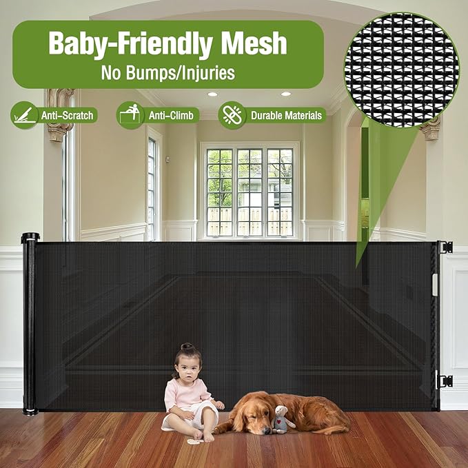 Baby Gate Extra Wide 65" Space Saving Retractable Mesh Gates for Kids or Pets Movable Retractable Baby Gates Indoor Outdoor Retractable Gate Dog Gates for Doorways, Stairs, Black