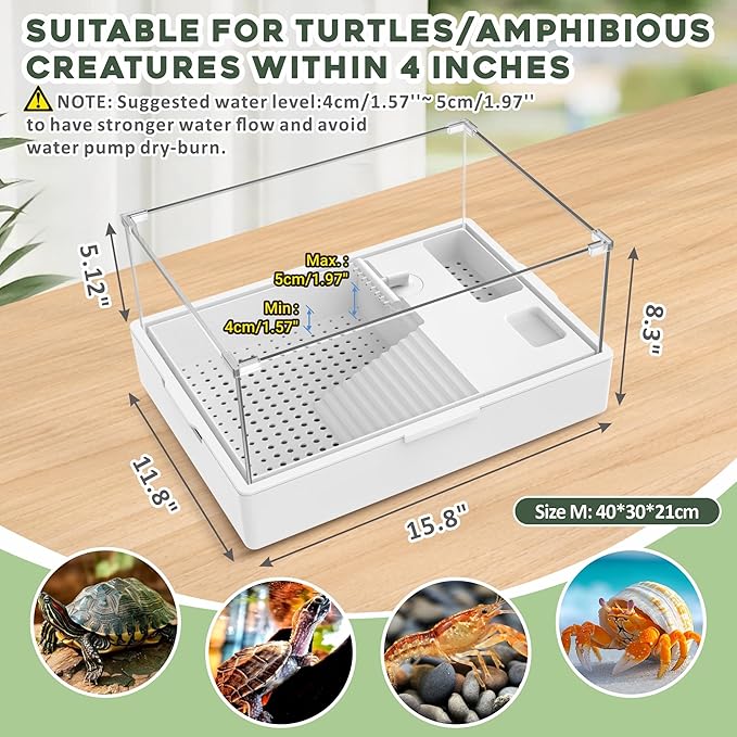 GOZILLA Small Turtle Tank Kit+Water Pump+Lamp, Acrylic Turtle Tank Starter Kit with Adjustable 5W Water Pump and Timing/Dimming Lamp, Multi-Functional Area for Small Turtles(White Kit).