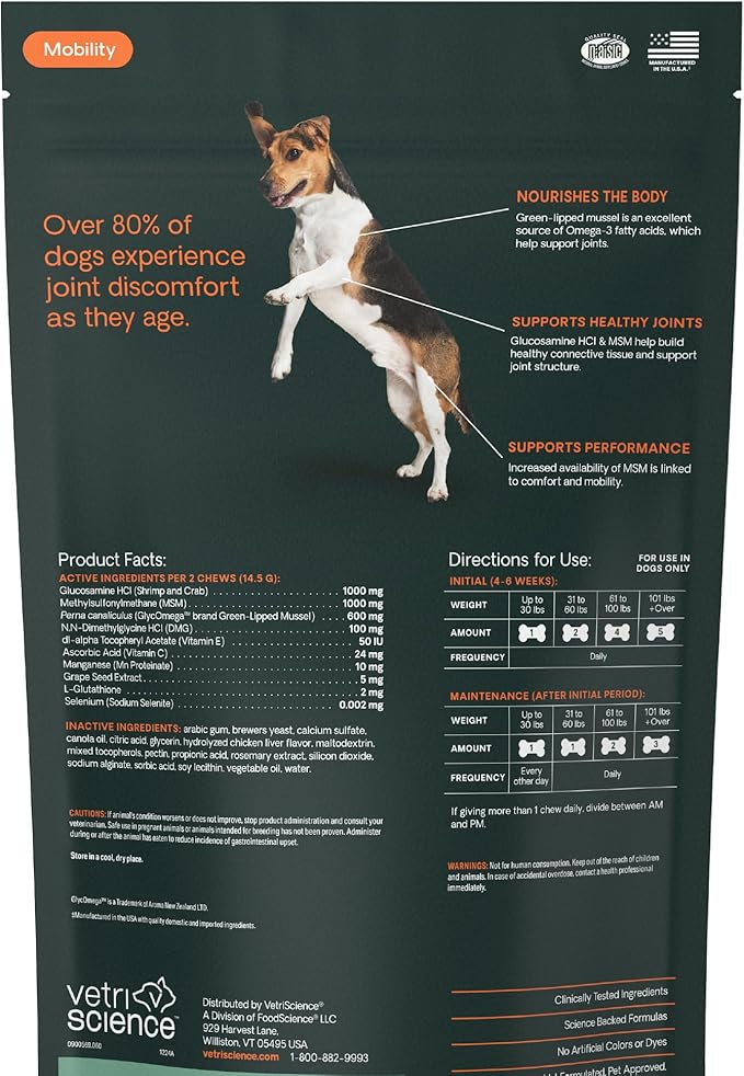 VetriScience Extra Strength Healthy Hip&Joint Chews,GlycoFlex 3,Glucosamine,Green-Lipped Mussel,Joint Support Supplement for Dogs,Promote Mobility&Soothe-Joint Discomfort,Chicken,120 Count (Pack of 2)