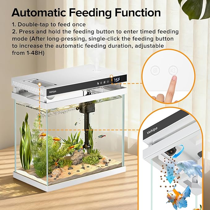 Fish Tank Aquarium, 2.2 Gallon Smart Fish Aquarium Kits with Auto Feeder, Silent Water Pump, Temperature Display, Smart Humidifier & 7-Color Lighting, for Office & Home - White