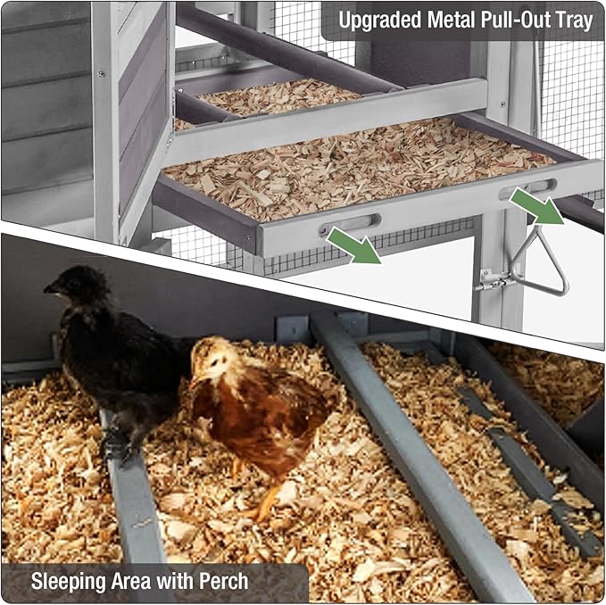79‘’ Chicken Coop with Wheels, Wooden Hen House with Large Nesting Box, Outdoor Poultry Cage with Leakproof Pull-on Tray, Backyard Chicken Coop with Run, Weatherproof Rabbit Hutch