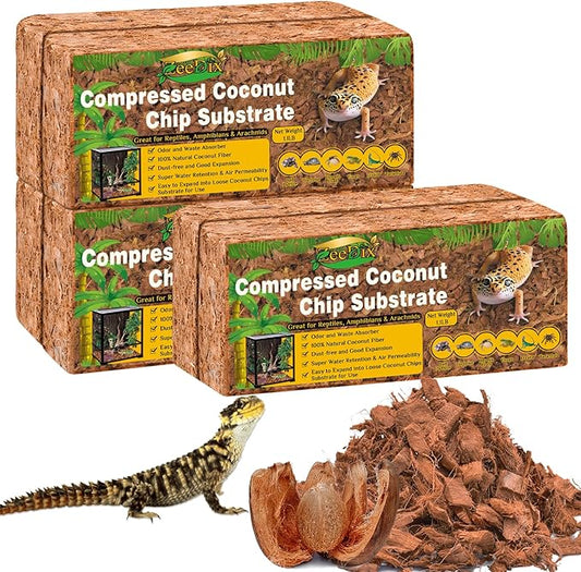 ZeeDix 6 Pack Coconut Husk for Reptiles, Organic Coconut Fiber Reptile Terrarium Substrate, Coco Husk Chips Reptile Bedding for Snakes, Tortoises, Ball Python, Geckos, Lizards, Hermit Crab, Tarantula