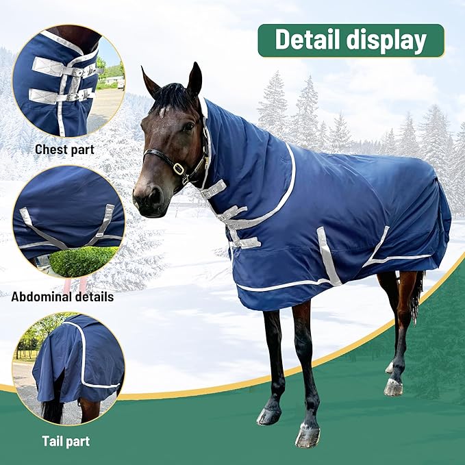 1200D Horse Turnout Blanket with Detachable Neck Cover, Medium Weight Water-Resistant Blanket，Winter Horse Blanket for Real Horses(78in/145cm)