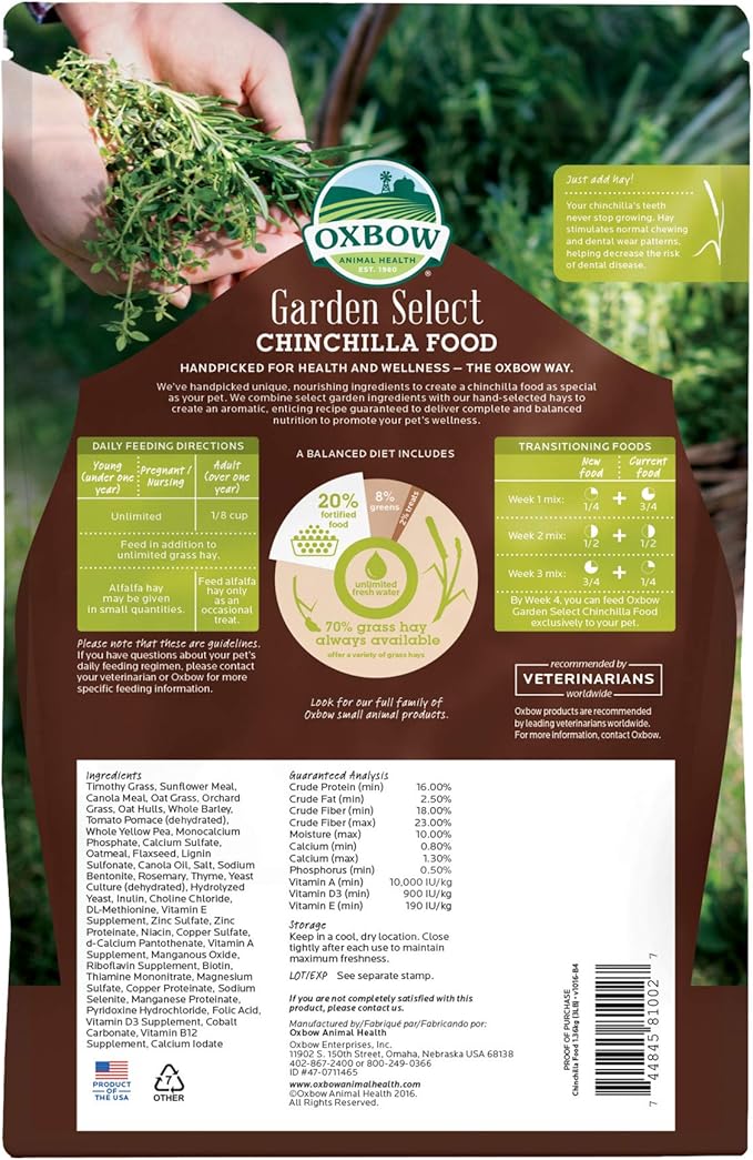 Oxbow Animal Health Garden Select Chinchilla Food, Garden-Inspired Recipe for Chinchillas of All Ages, Vitamin & Mineral Rich Pet Food Pellets, Non-GMO, Made in USA Hay, 3 Pound Bag