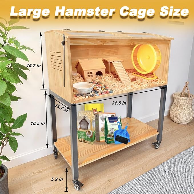 Hamster Cage with Storage, Wooden Hamster Cage, Pine, Guinea Pig Cages, 31.5"L x 15.7"W x 38.0"H, 2 Tiers Movable Large Hamster Cages with Storage Shelf for Guinea Pig, Chinchilla, Rat, Bunny, etc.
