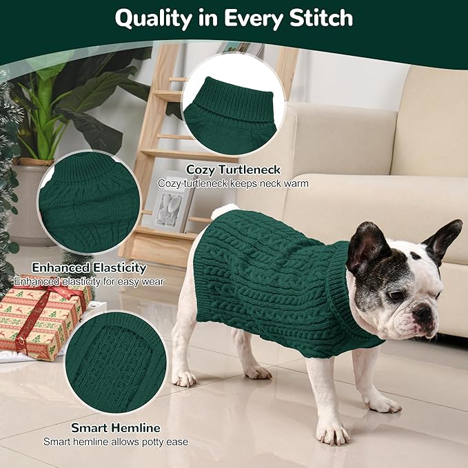 2 Pack Dog Sweaters for Medium Dogs Winter Turtleneck Pullover Cable Knit Fleece Stretch Frenchie Dachshund Pug Corgi Beagle Boy Girl Pet Clothes (M, Green & Brown)